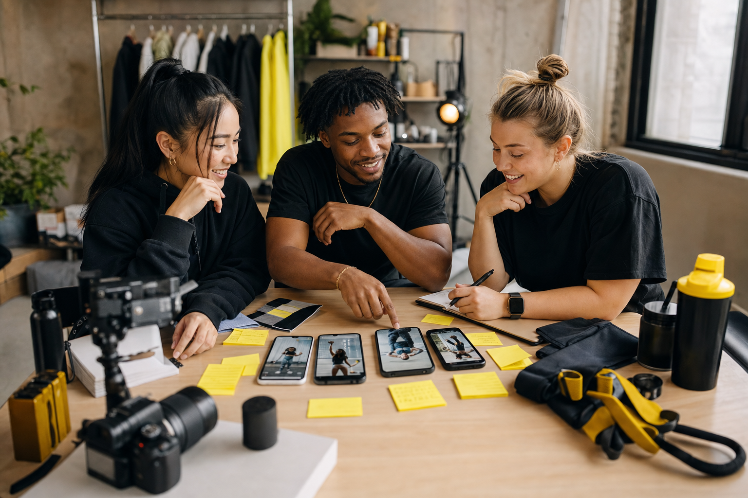 Creators planning an influencer promo campaign with phones, content notes, and studio gear