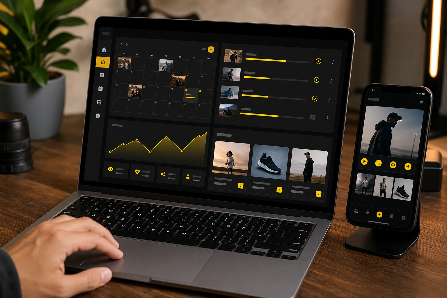 Boomn Studio dashboard with content calendar, campaign assets, and creator analytics